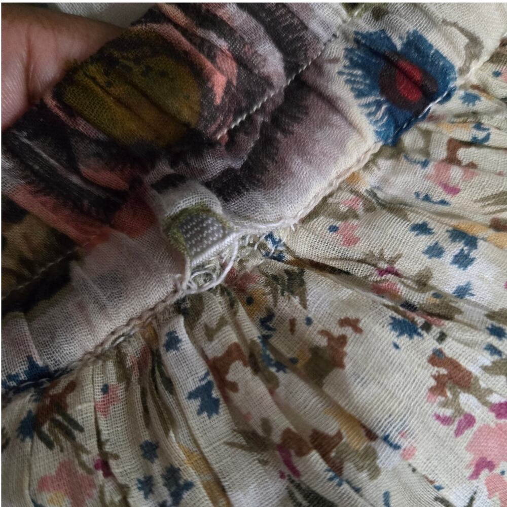 Vintage Tangibles Broomstick Skirt Tan Floral Tier Maxi Gauzy Rayon India Medium - Picture 14 of 16